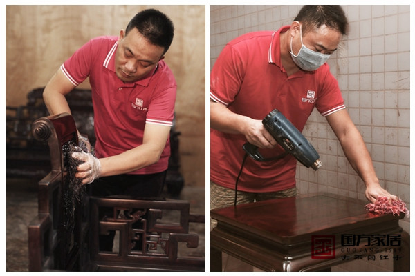 技術(shù)精湛熟練的國(guó)方匠人上蠟恰到好處，使家具手感潤(rùn)滑，顯現(xiàn)光澤